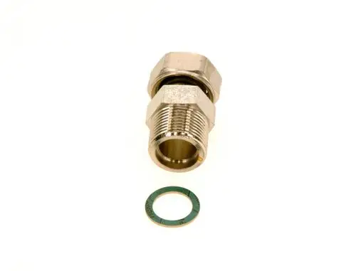 Kupplung von Bosch mit einer metalischen Oberfläche und einer Dichtung. Die Kupplung hat ein gängiges Gewinde und liegt neben einem grünen Dichtungsring auf weißem Hintergrund.